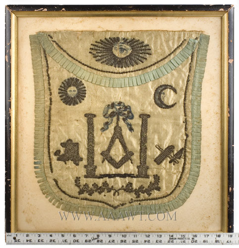 Masonic Apron, Shield Shape, Printed and Painted Silk, Bullion, Spangles
Ex Colonel Louis Kolbs Collection, Philadelphia; Sold 1941
America, Early Nineteenth Century
Anonymous, entire view